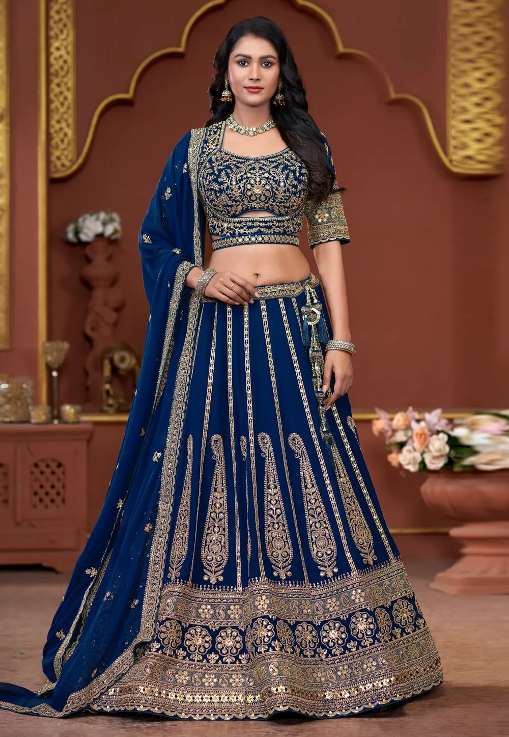 Navy Blue Georgette Readymade Lehenga Choli 303903