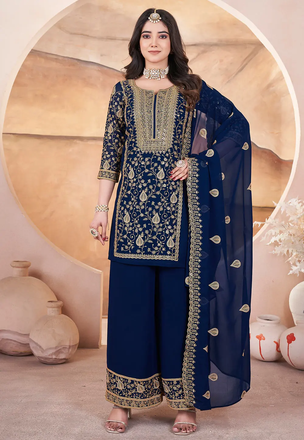 Navy Blue Georgette Readymade Pakistani Suit 304801