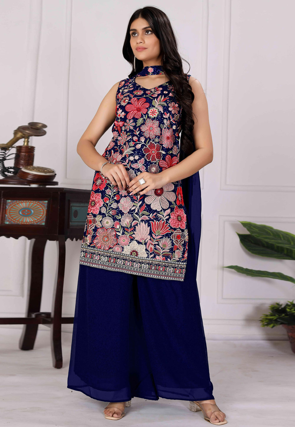 Navy Blue Georgette Readymade Palazzo Suit 310352