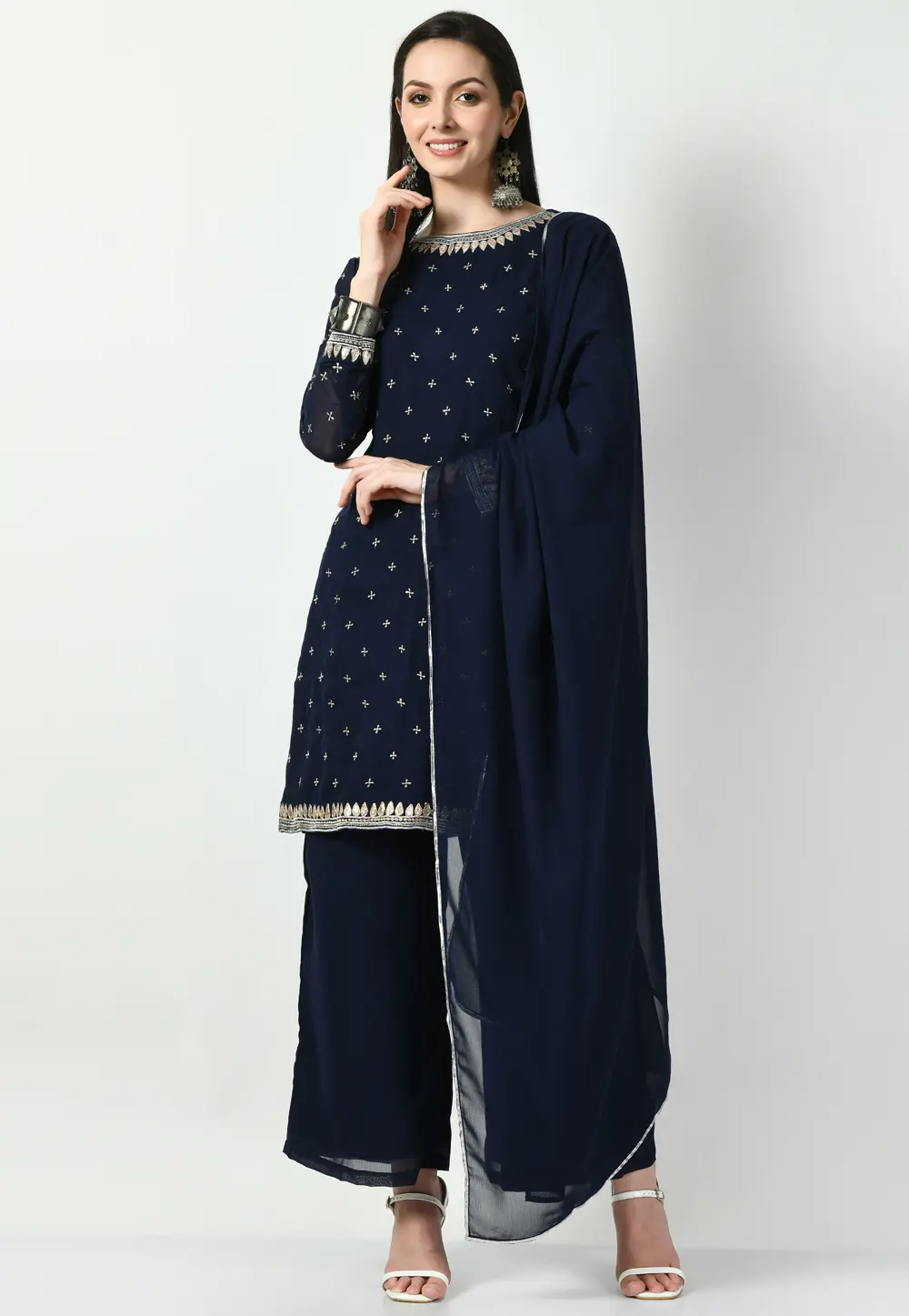 Navy Blue Georgette Readymade Palazzo Suit 299427