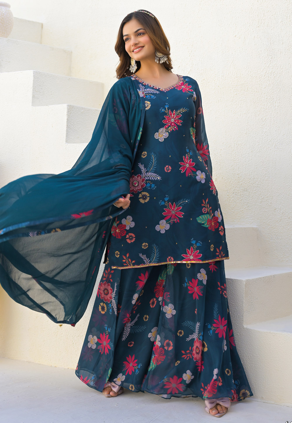 Navy Blue Georgette Readymade Palazzo Suit 310342