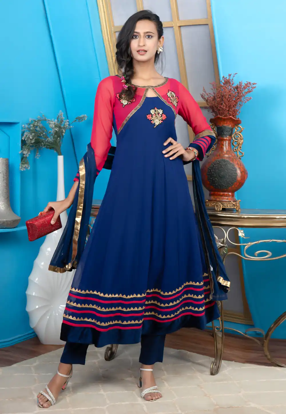 Navy Blue Georgette Readymade Pant Style Suit 293096