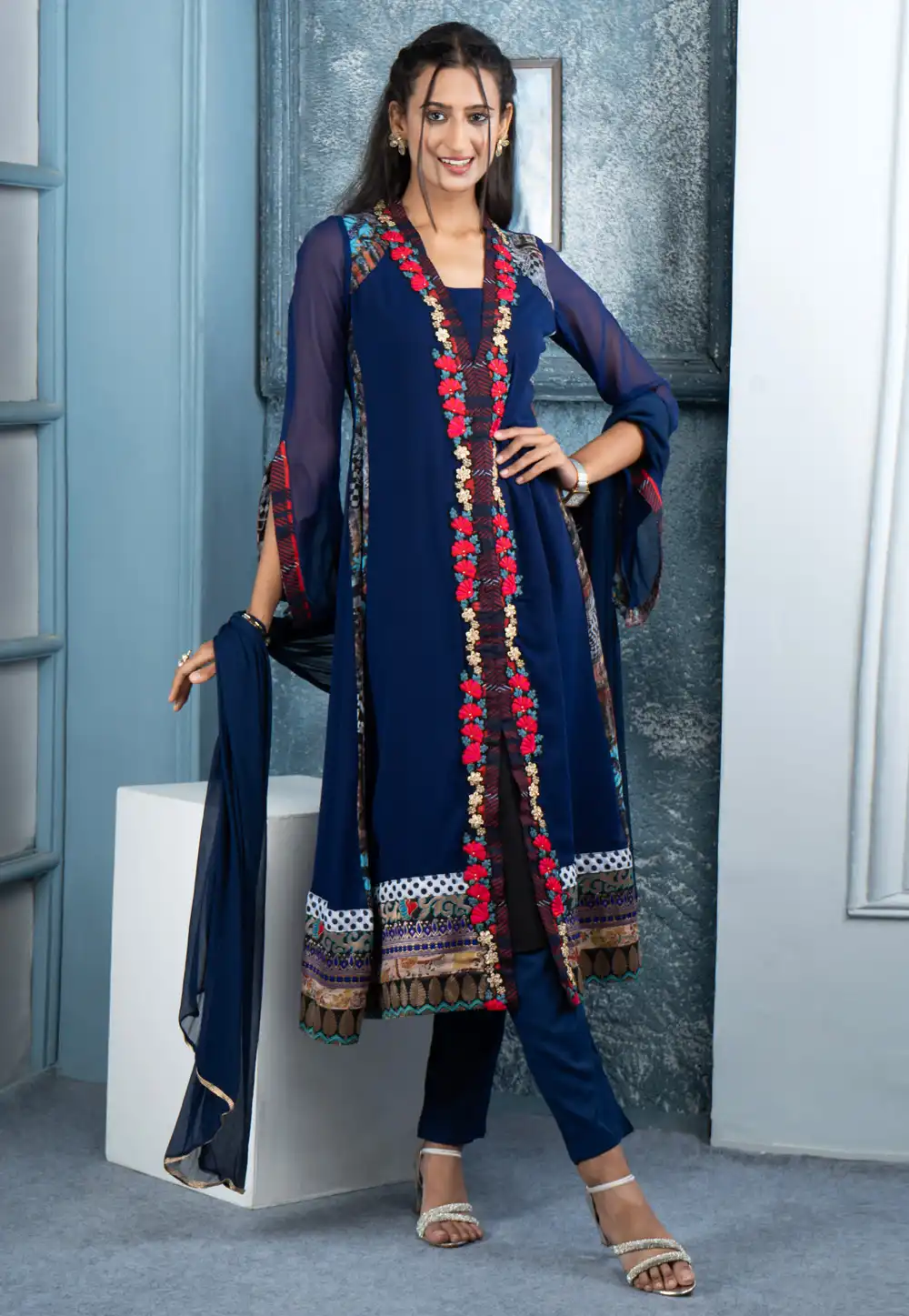 Navy Blue Georgette Readymade Pant Style Suit 290497