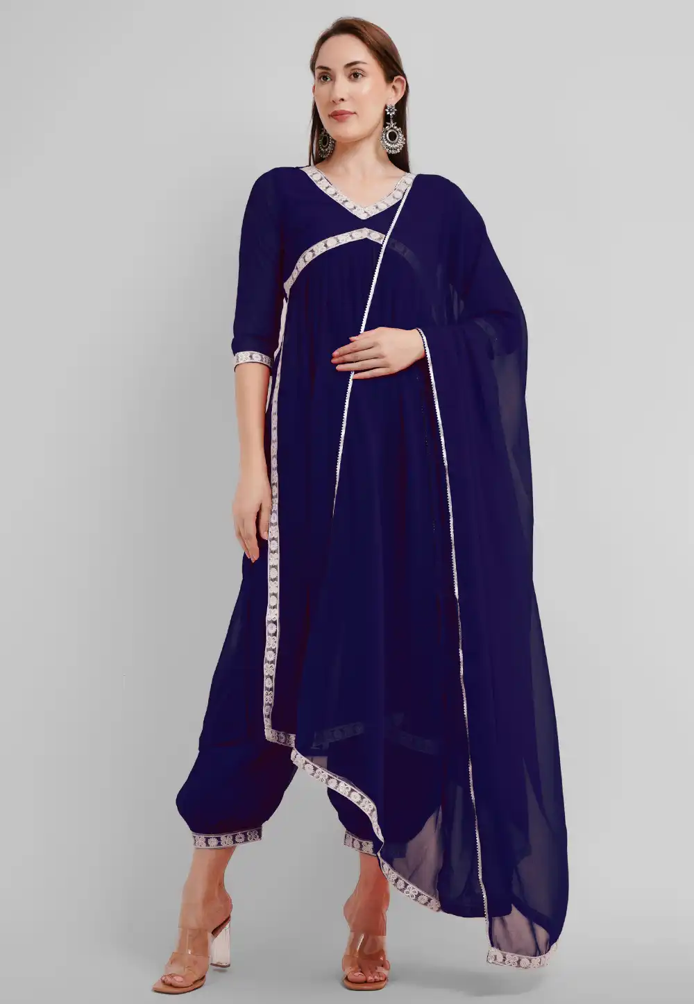 Navy Blue Georgette Readymade Patiala Suit 291556