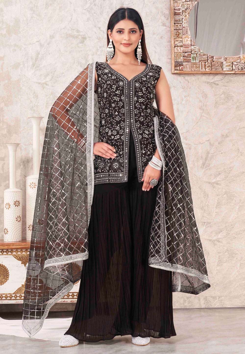 Navy Blue Georgette Readymade Sharara Suit 286515