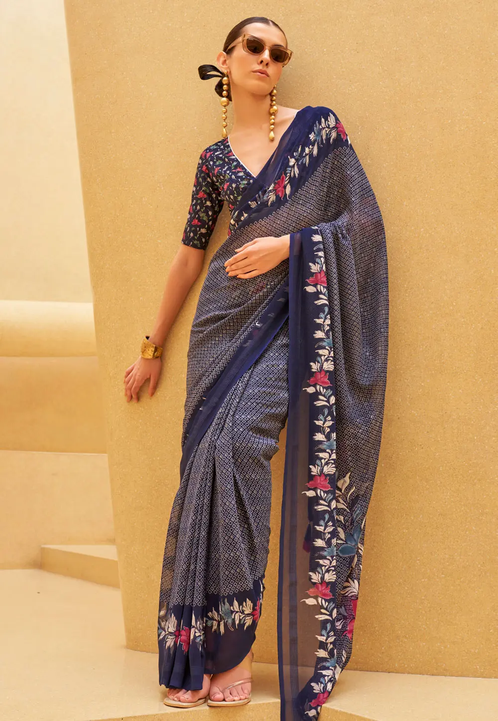 Navy Blue Georgette Saree With Blouse 301252