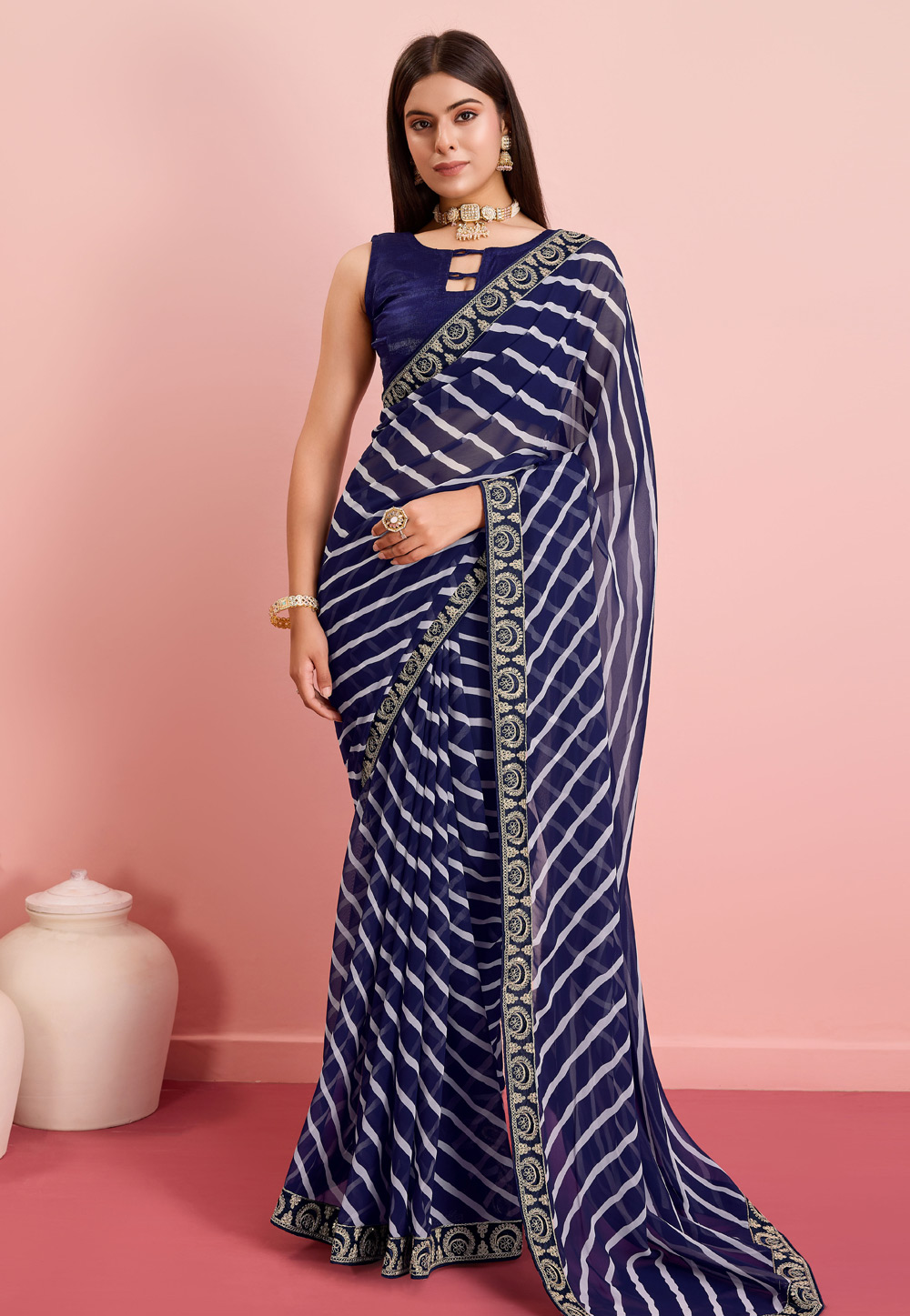 Navy Blue Georgette Saree With Blouse 287521