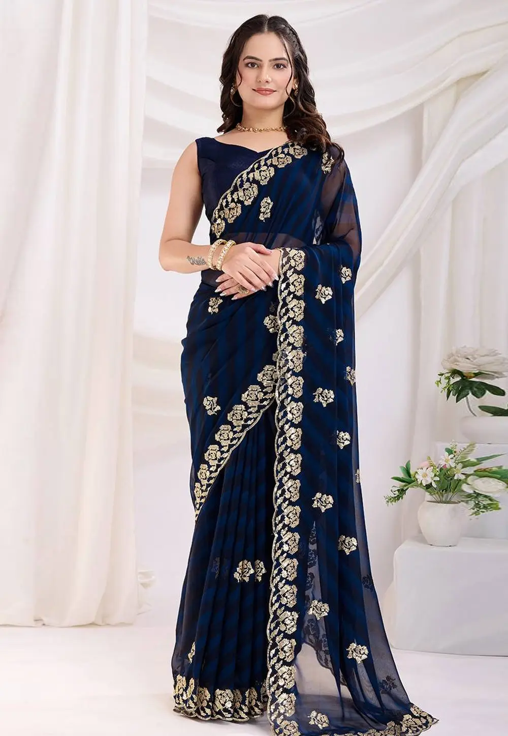 Navy Blue Georgette Saree With Blouse 303456