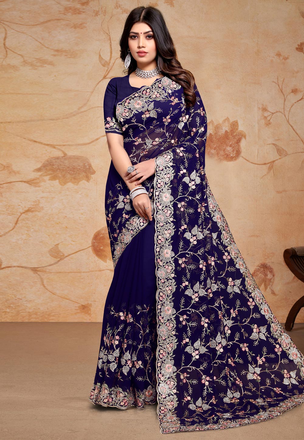 Navy Blue Georgette Saree With Blouse 283247