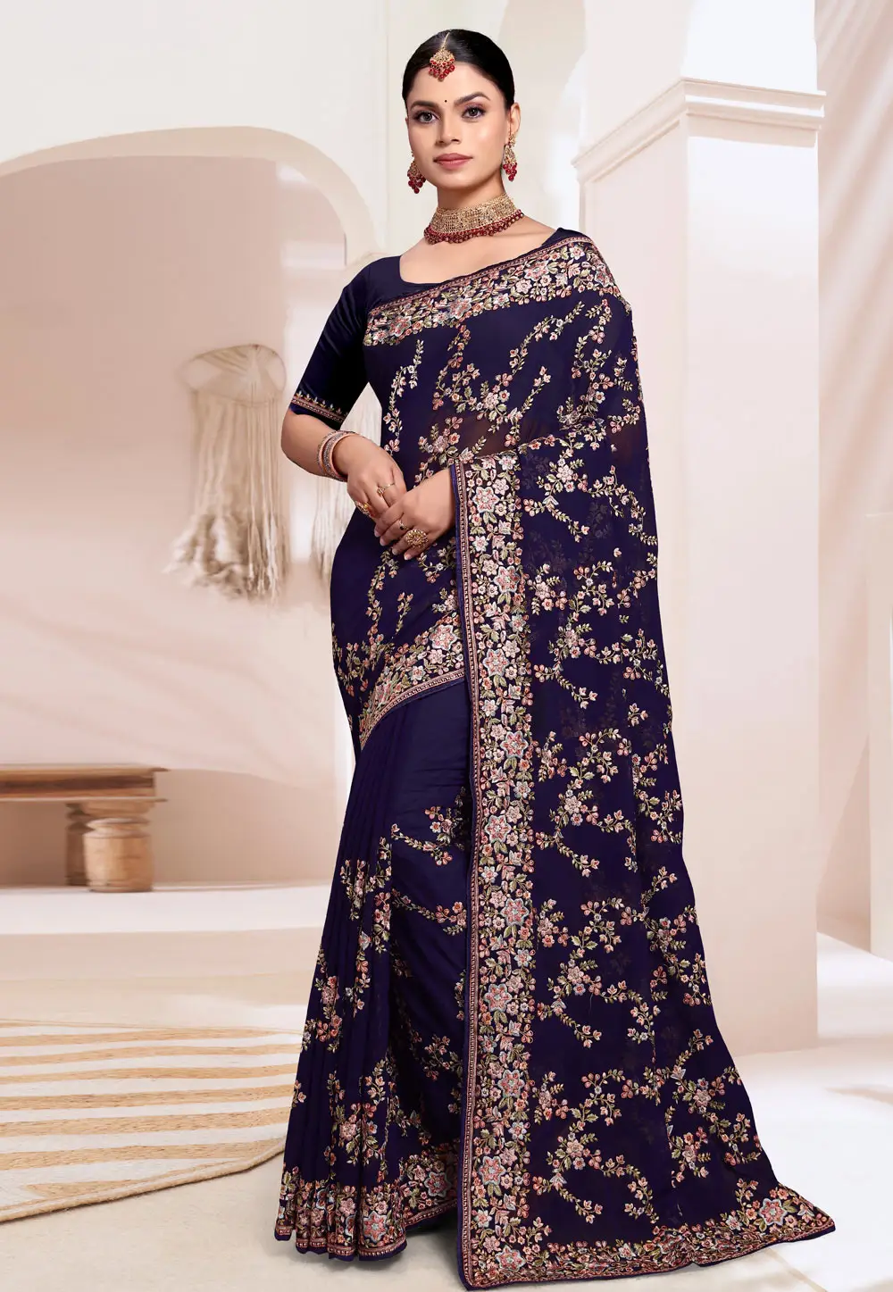 Navy Blue Georgette Saree With Blouse 296428