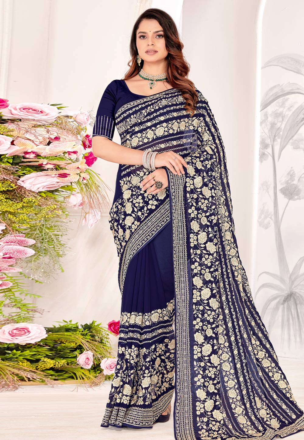 Navy Blue Georgette Saree With Blouse 311035