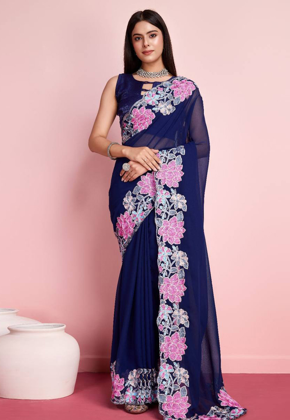 Navy Blue Georgette Saree With Blouse 286333