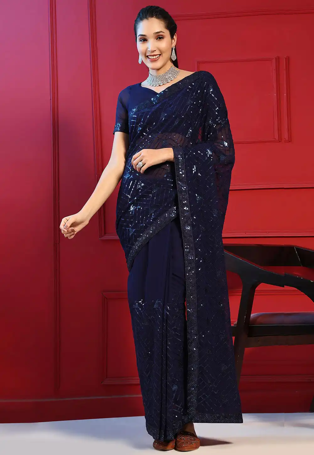 Navy Blue Georgette Saree With Blouse 289341