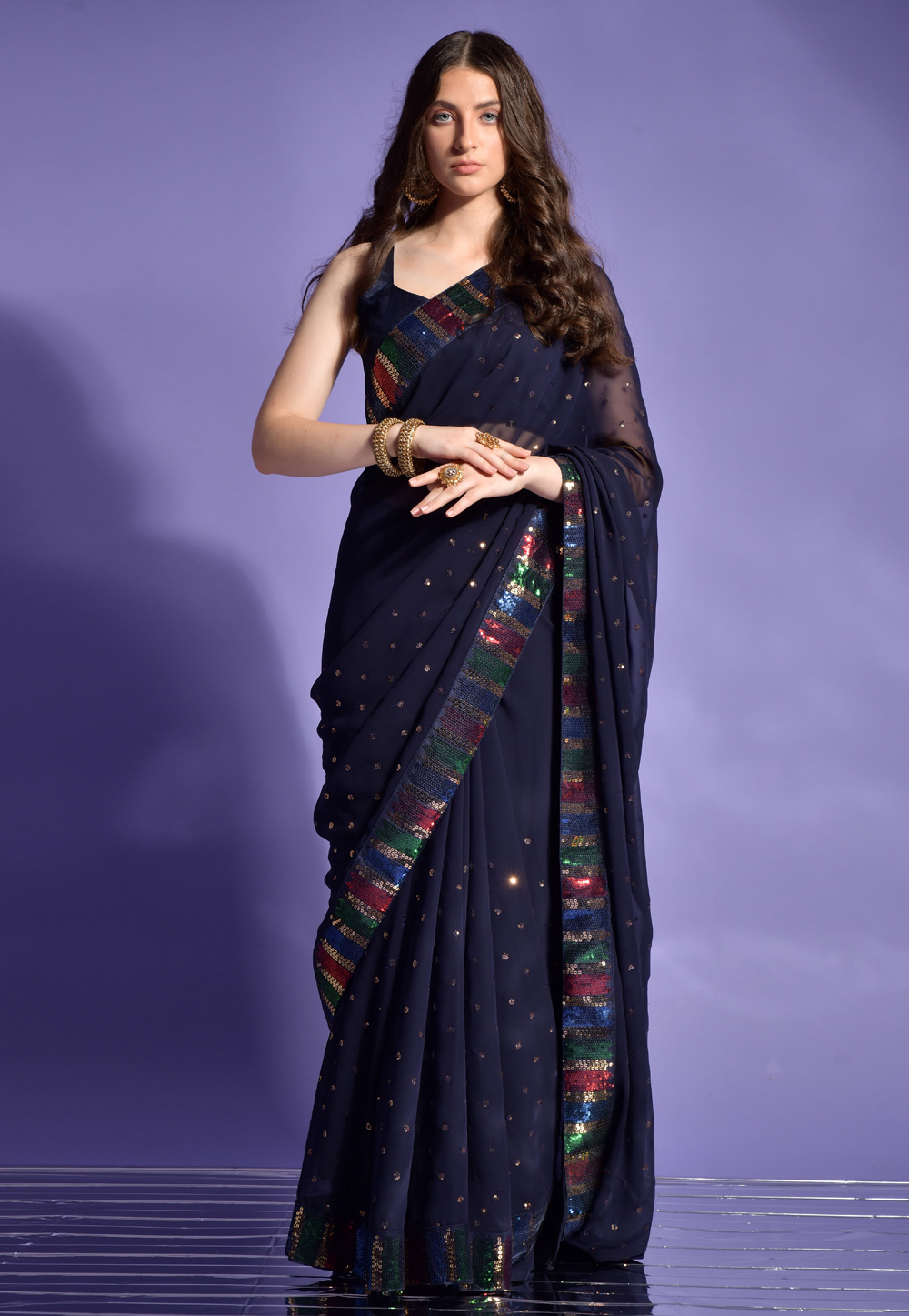 Navy Blue Georgette Saree With Blouse 278127