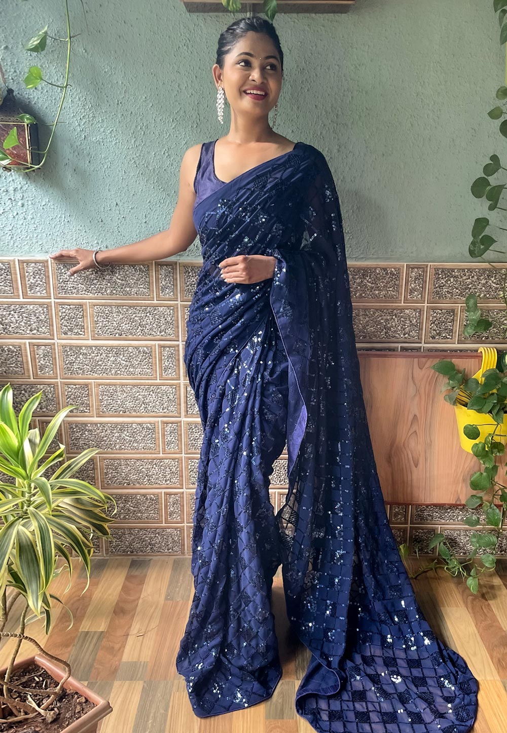 Navy Blue Georgette Saree With Blouse 279475