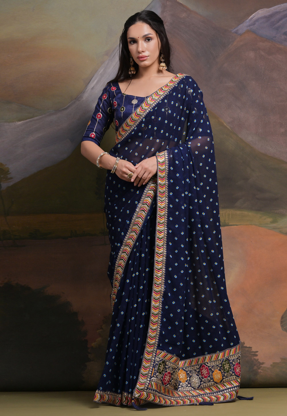 Navy Blue Georgette Saree With Blouse 281745