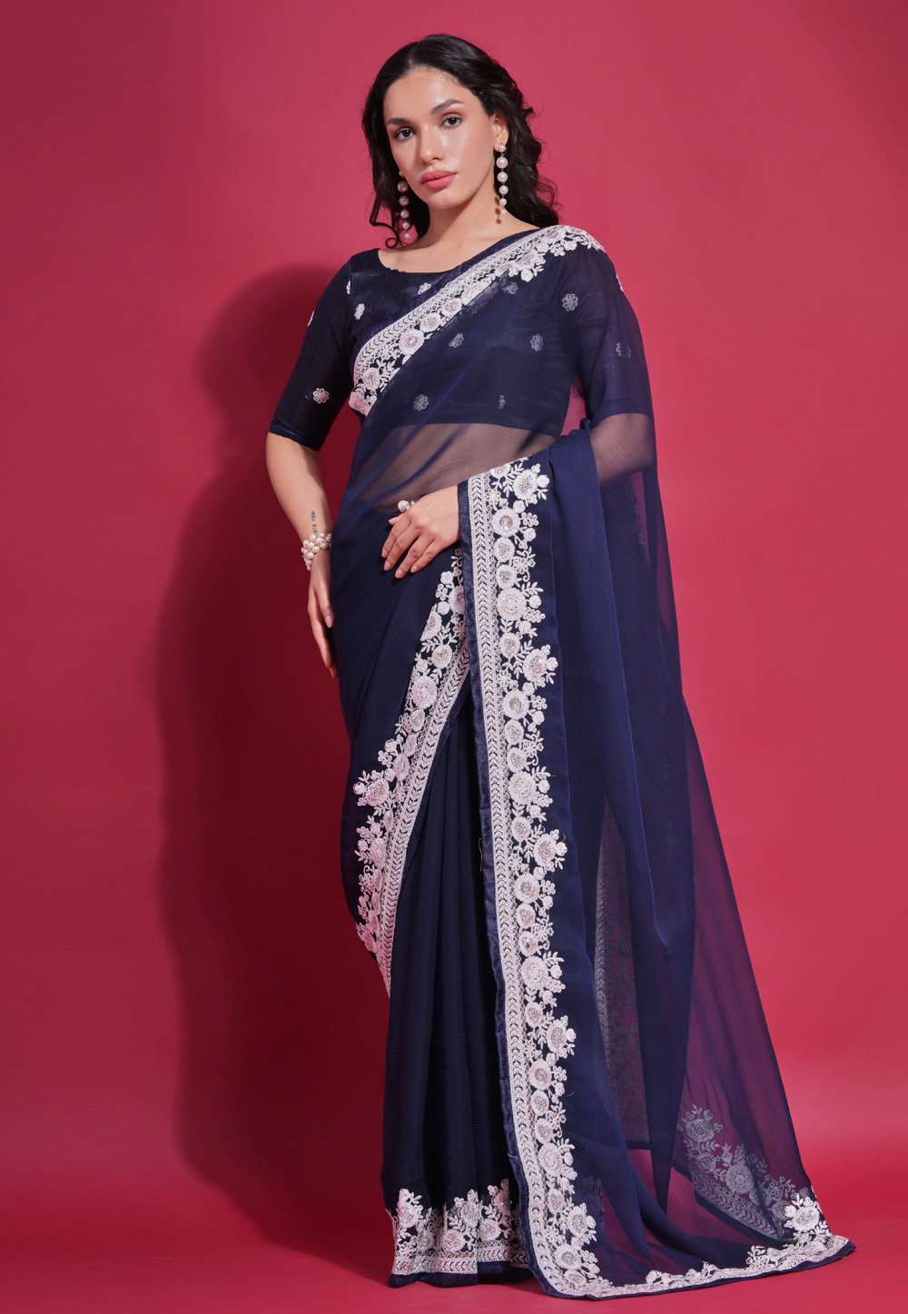 Navy Blue Georgette Saree With Blouse 281752