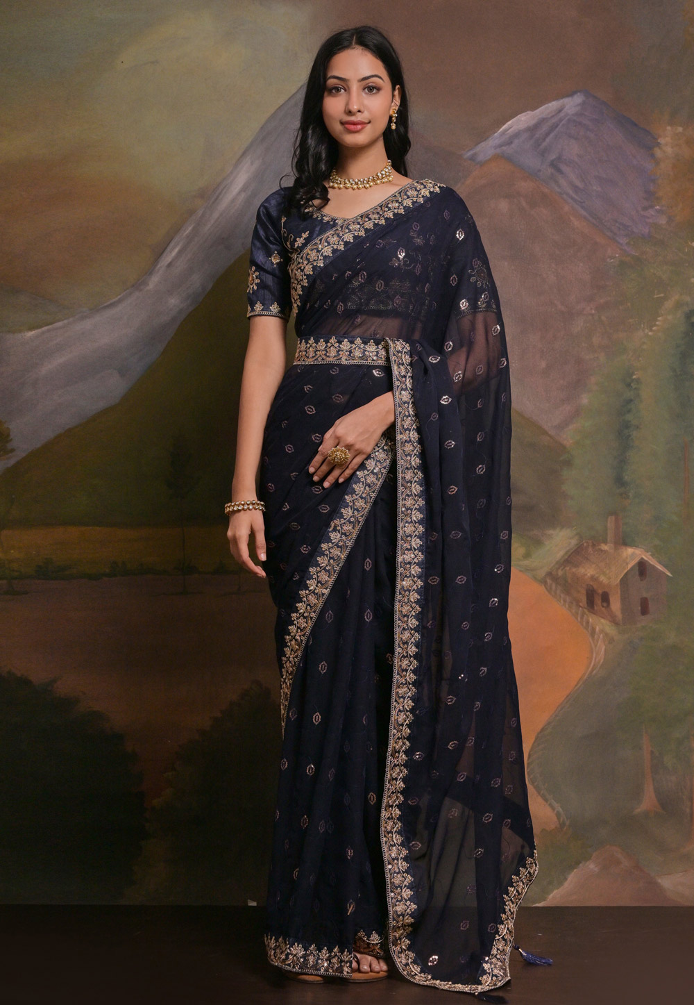 Navy Blue Georgette Saree With Blouse 282277