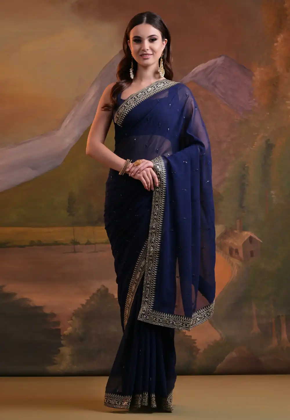 Navy Blue Georgette Saree With Blouse 288658