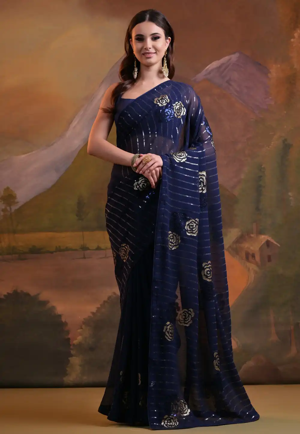 Navy Blue Georgette Saree With Blouse 289037