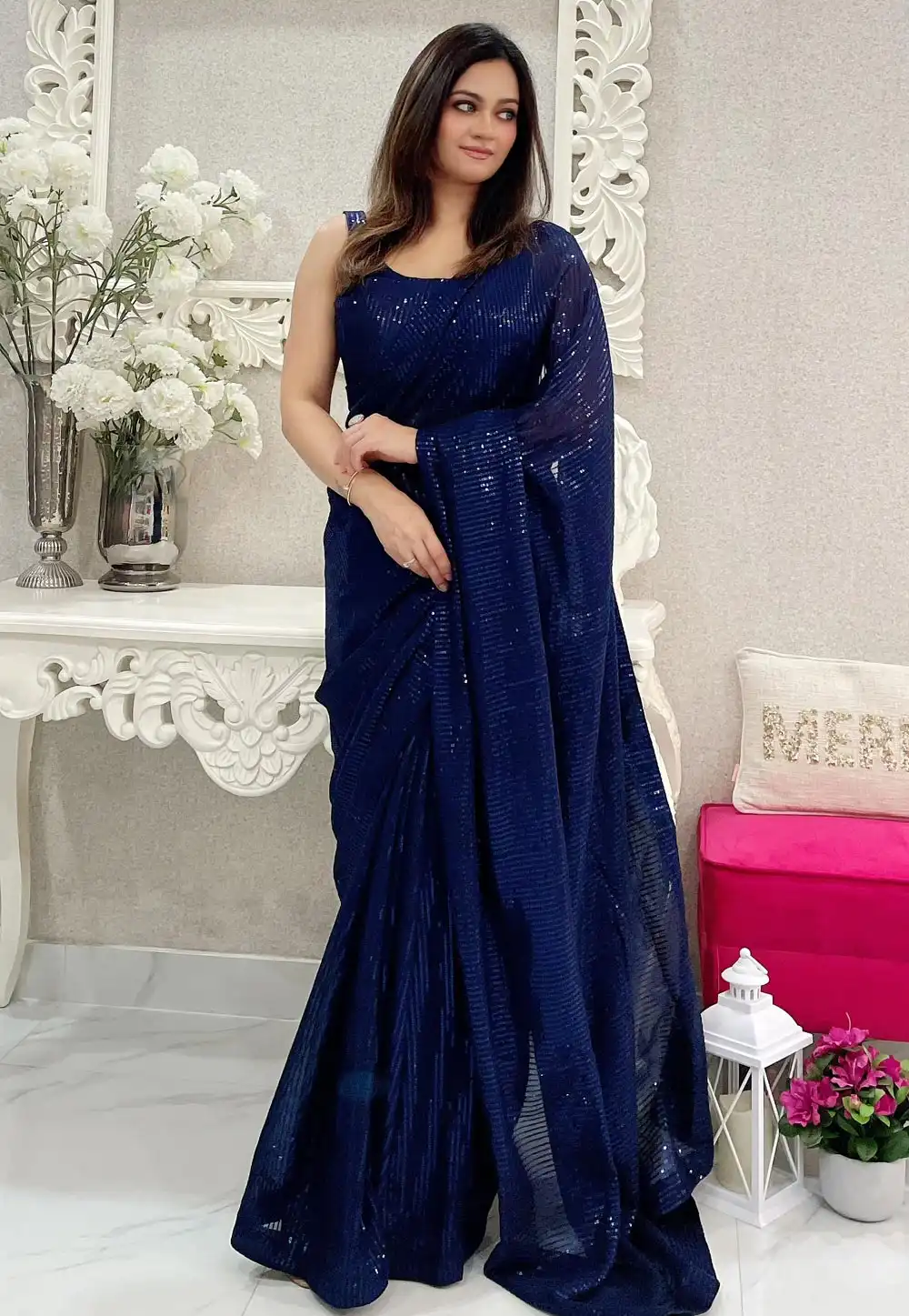 Navy Blue Georgette Saree With Blouse 294150