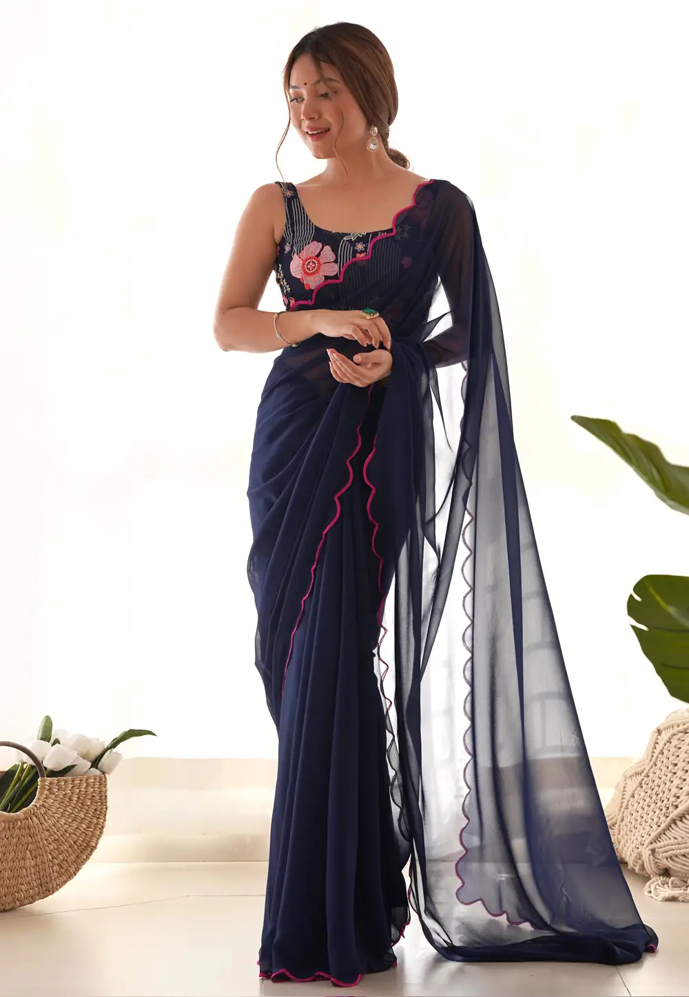 Navy Blue Georgette Saree With Blouse 296203