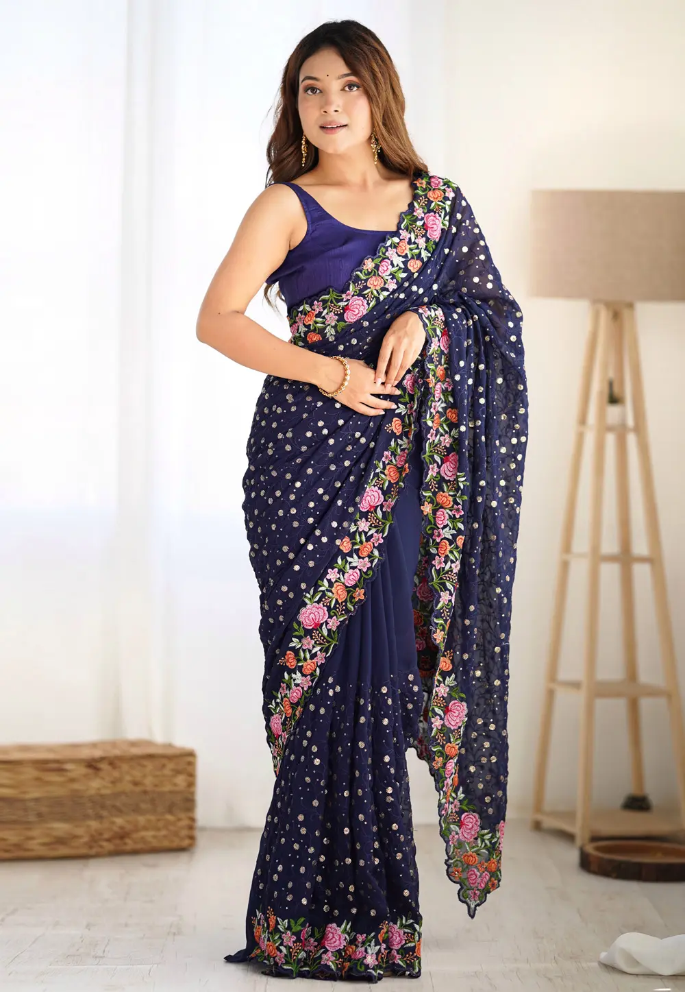 Navy Blue Georgette Saree With Blouse 300327