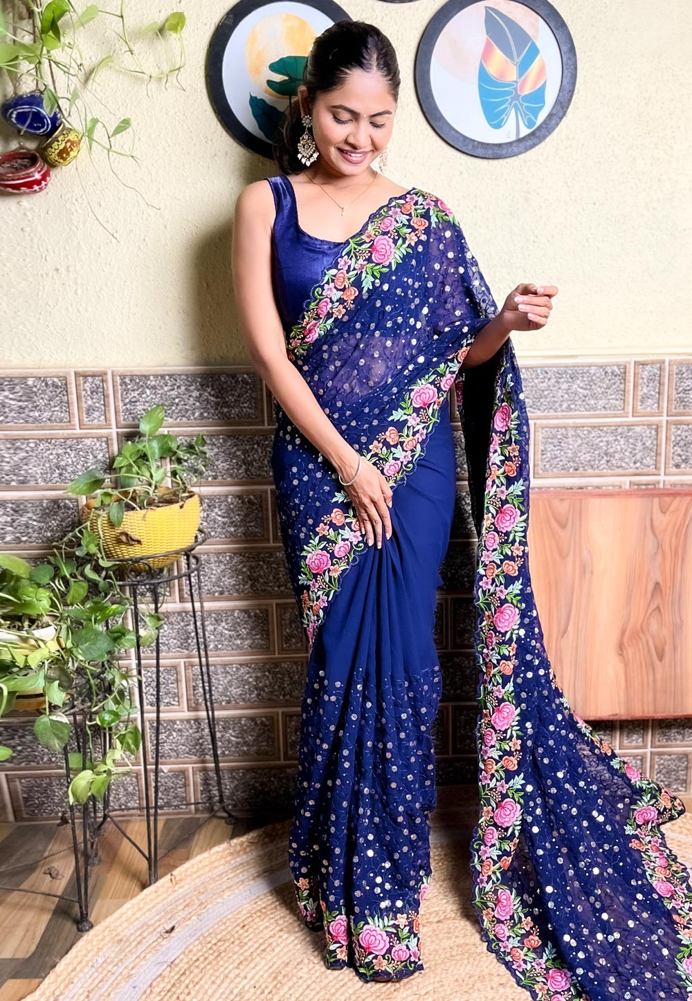 Navy Blue Georgette Saree With Blouse 311000
