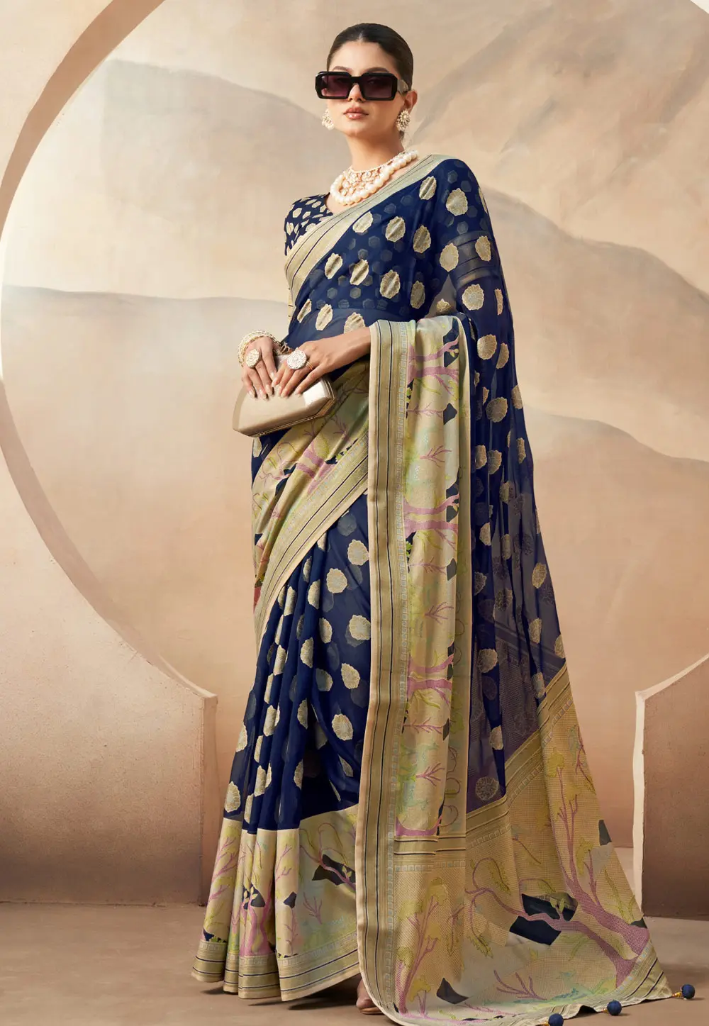 Navy Blue Georgette Saree With Blouse 301695