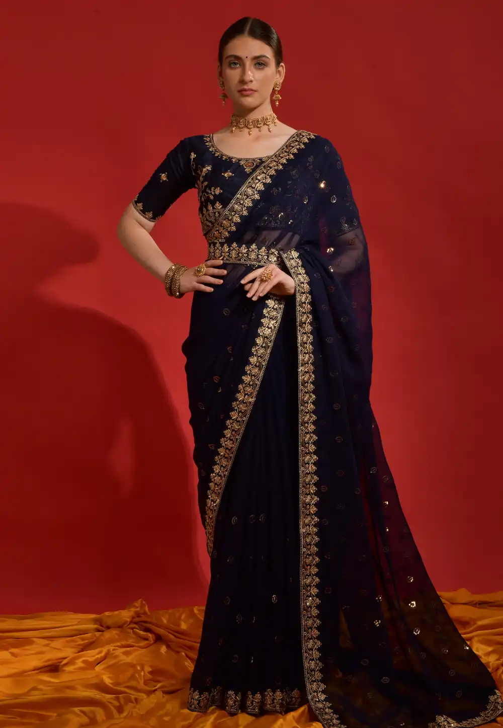 Navy Blue Georgette Saree With Blouse 291478