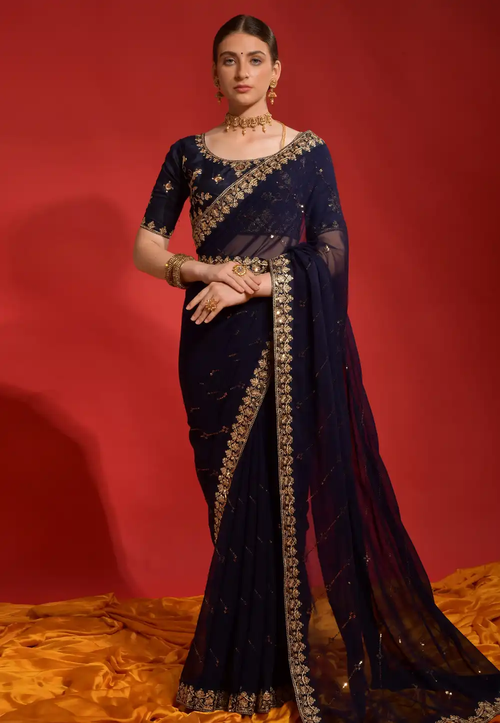 Navy Blue Georgette Saree With Blouse 291482