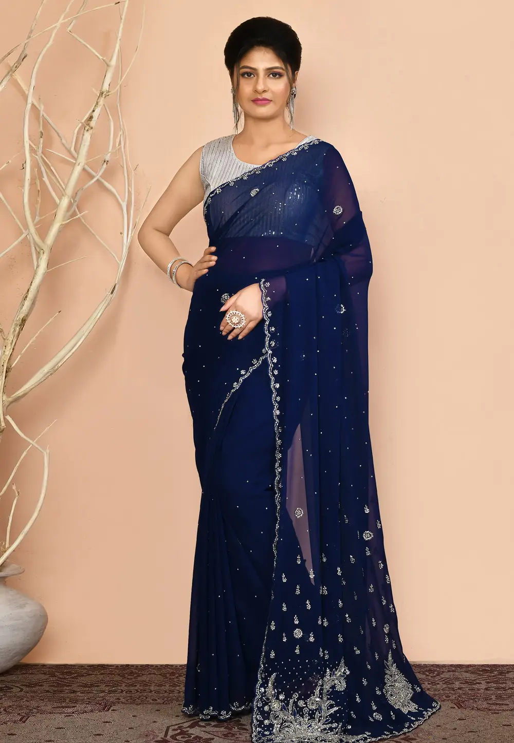 Navy Blue Georgette Saree With Blouse 295981