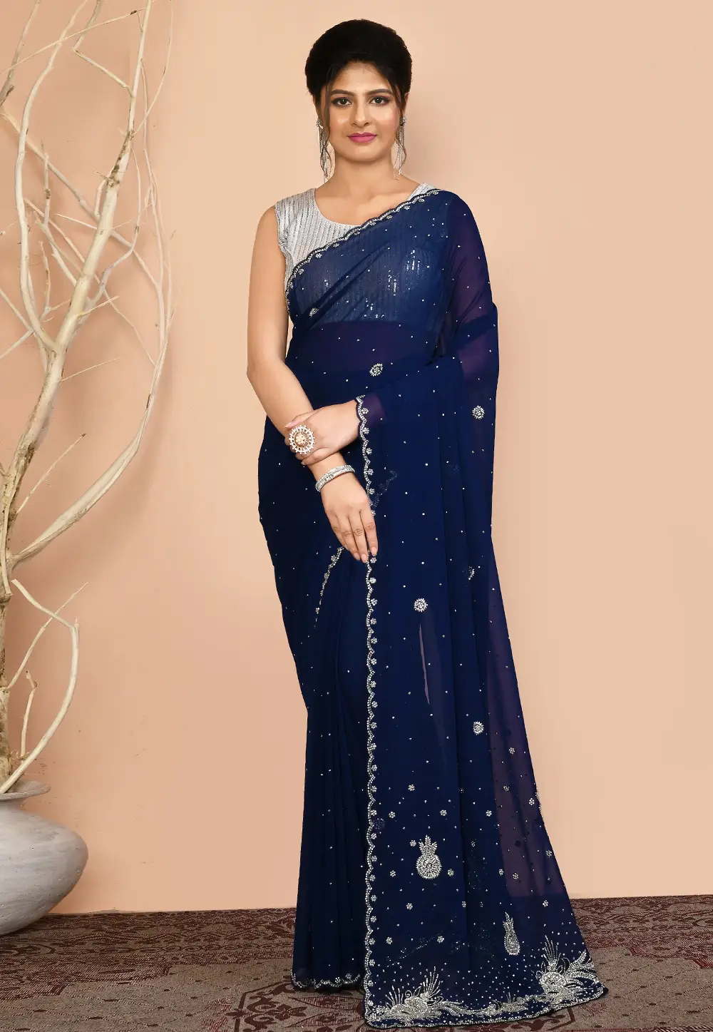 Navy Blue Georgette Saree With Blouse 295991