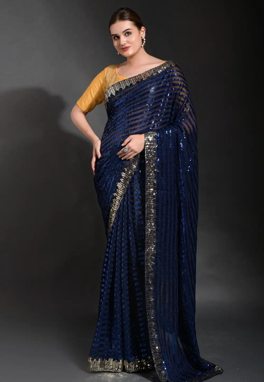 Navy Blue Georgette Saree With Blouse 291457