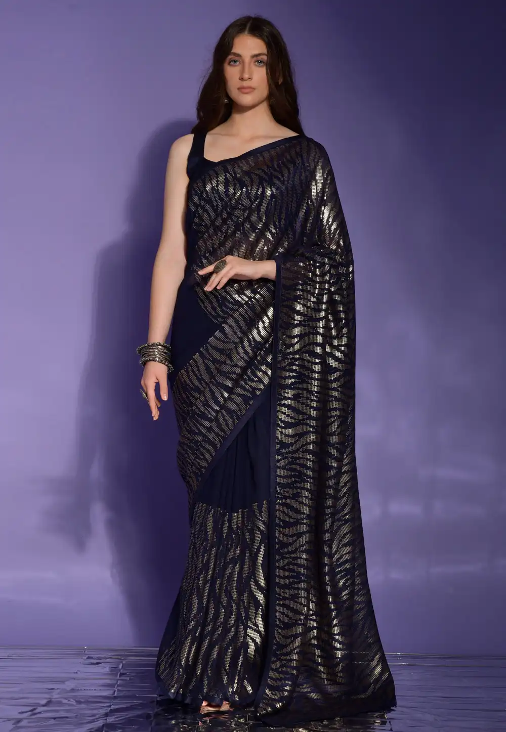 Navy Blue Georgette Saree With Blouse 291470