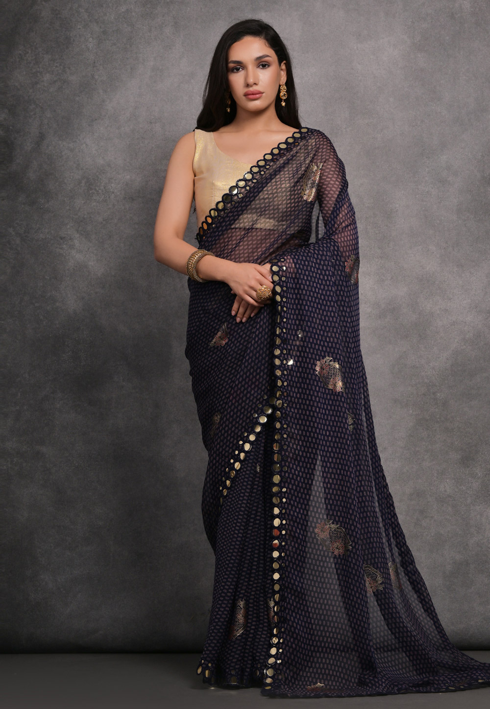 Navy Blue Georgette Saree With Blouse 286460