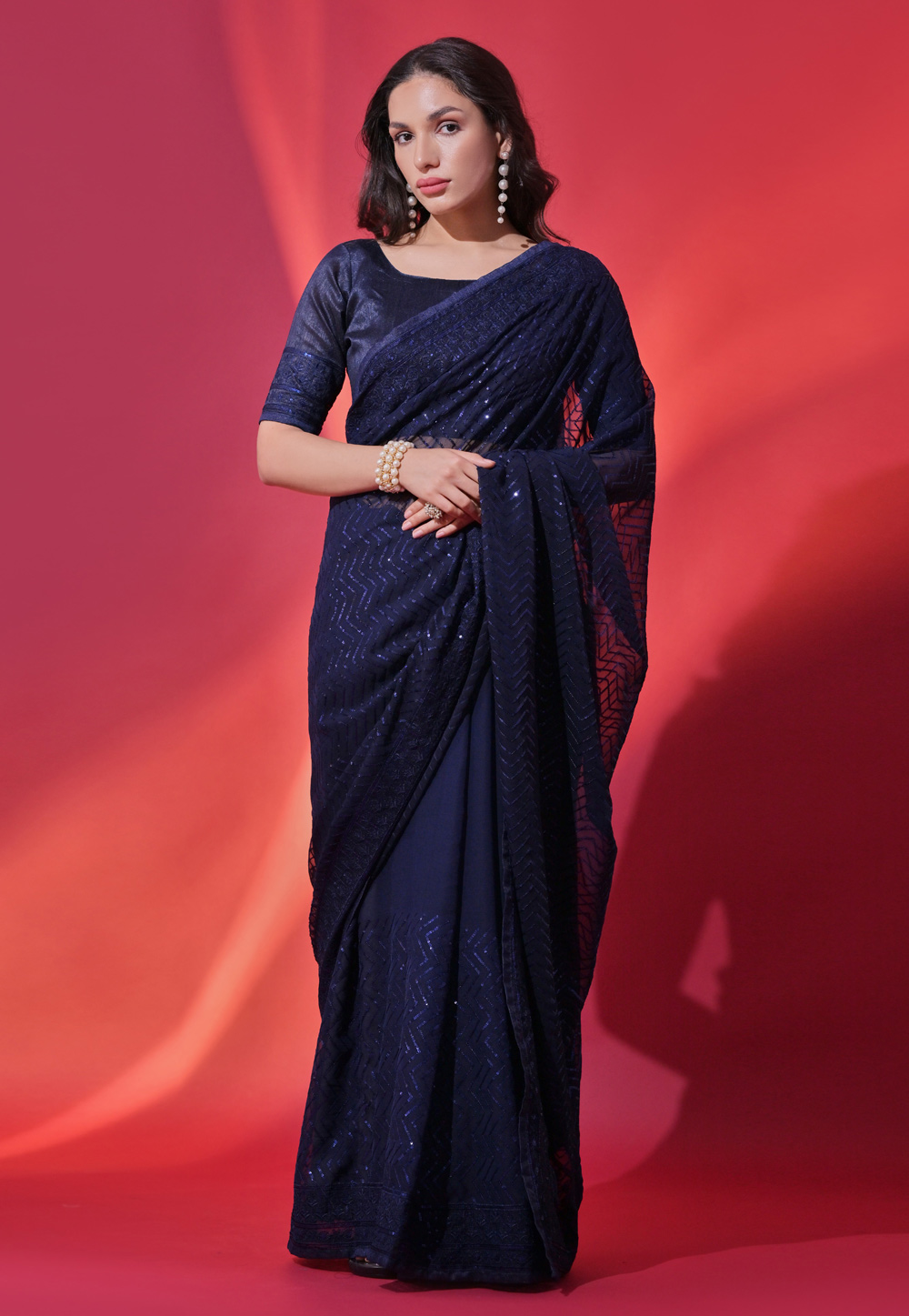Navy Blue Georgette Saree With Blouse 286446