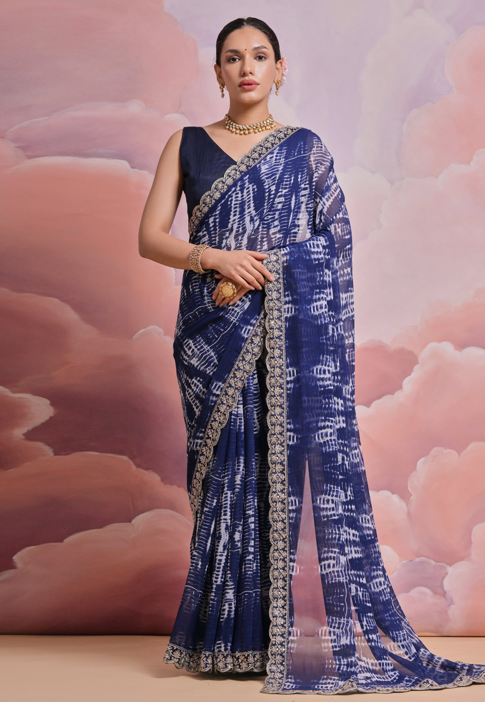 Navy Blue Georgette Saree With Blouse 286441