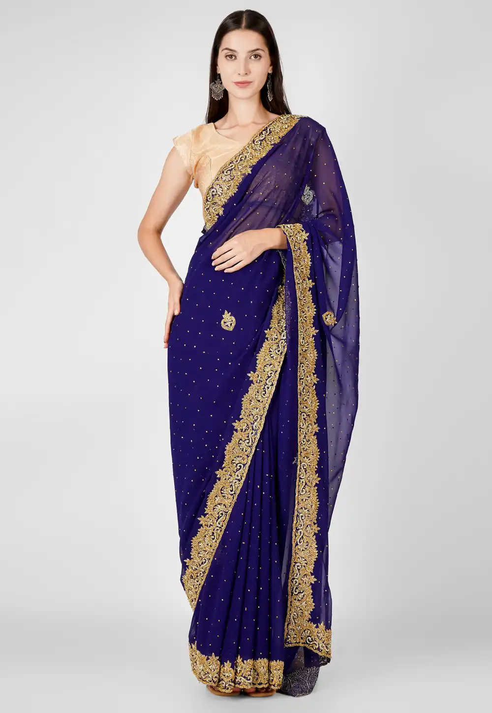 Navy Blue Georgette Saree With Blouse 293485