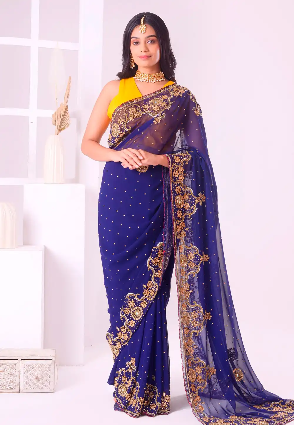 Navy Blue Georgette Saree With Blouse 293580