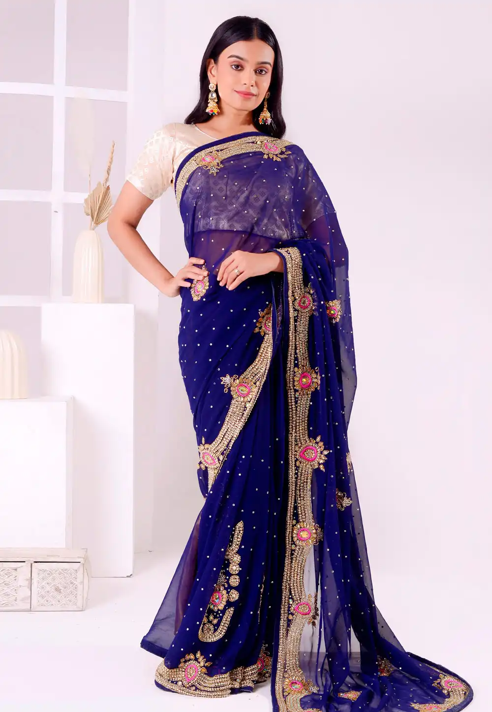 Navy Blue Georgette Saree With Blouse 293586