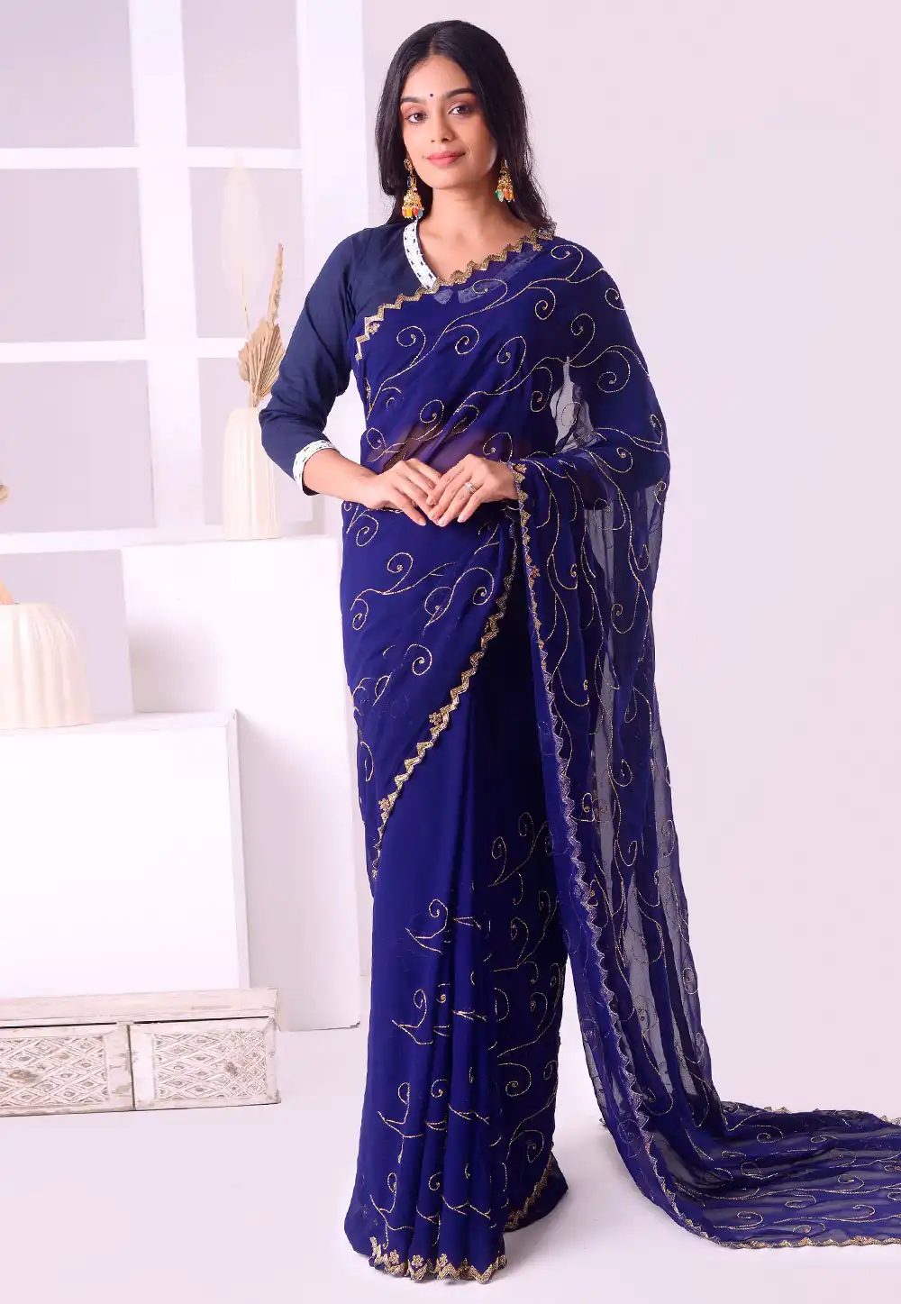 Navy Blue Georgette Saree With Blouse 293691