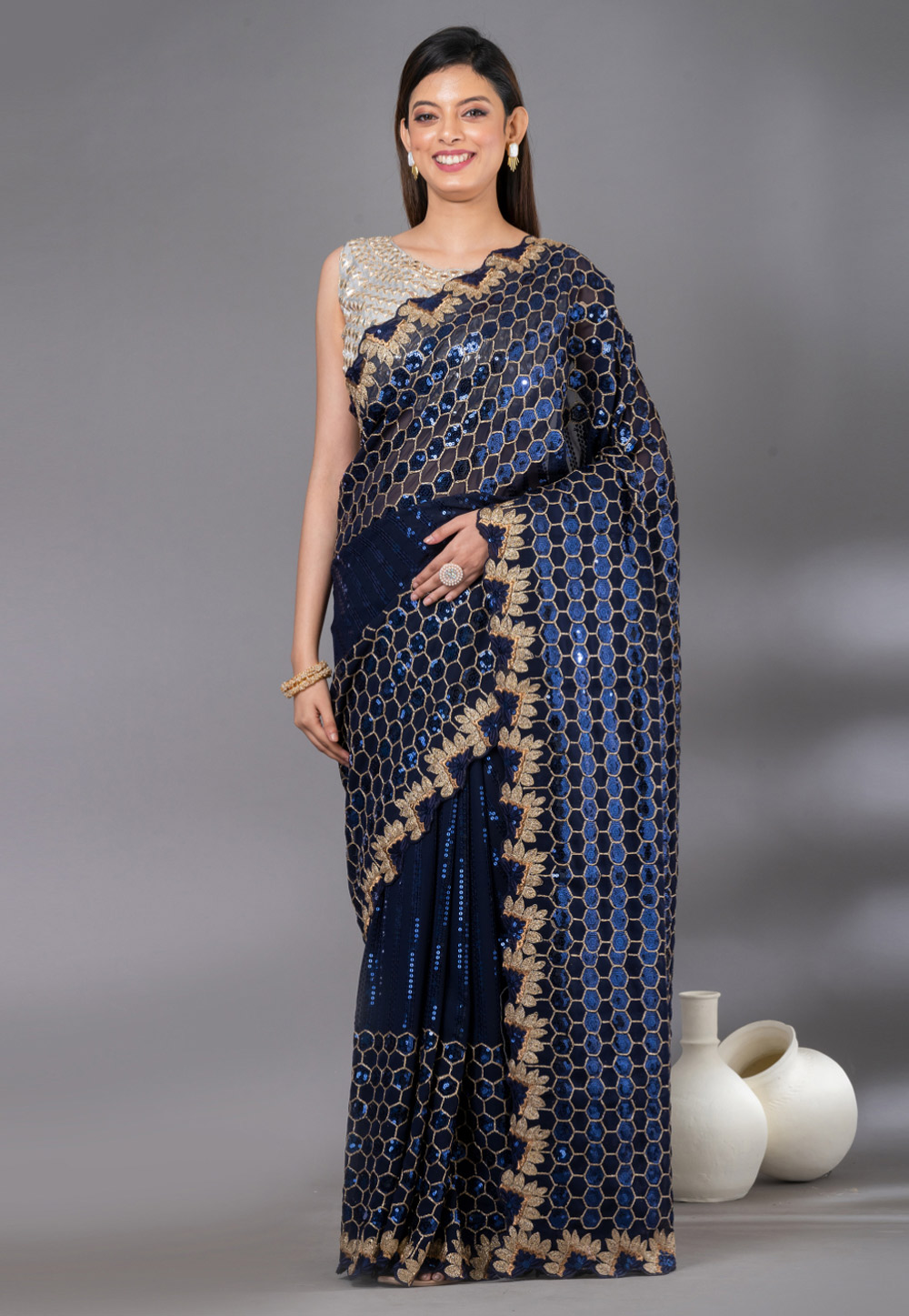 Navy Blue Georgette Sequence Saree 279016