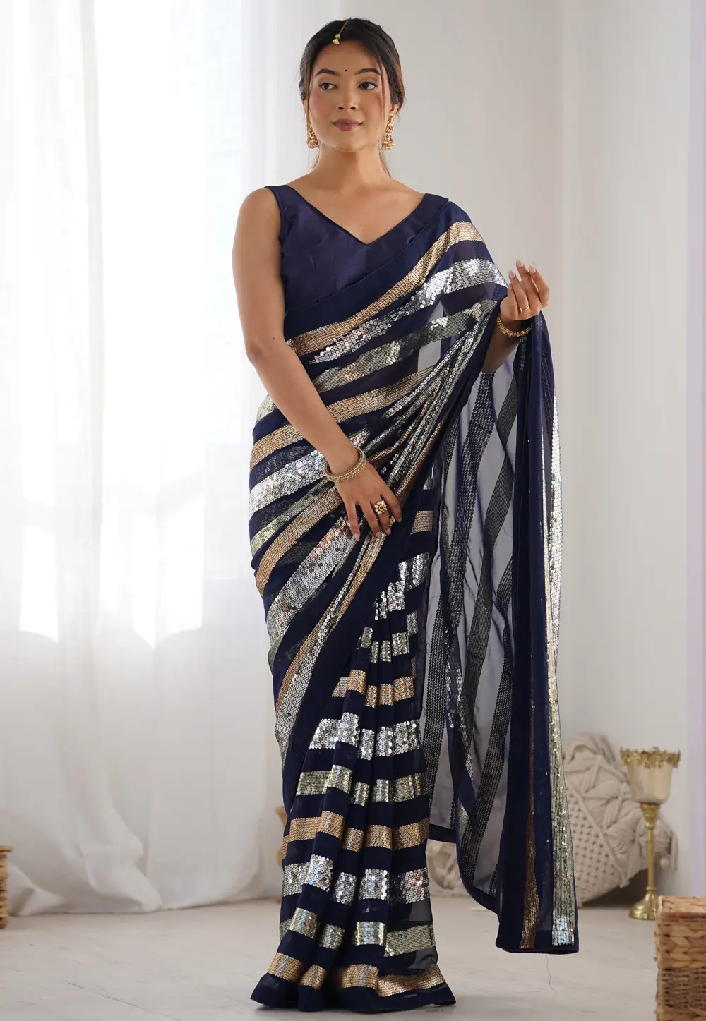 Navy Blue Georgette Sequence Saree 301549