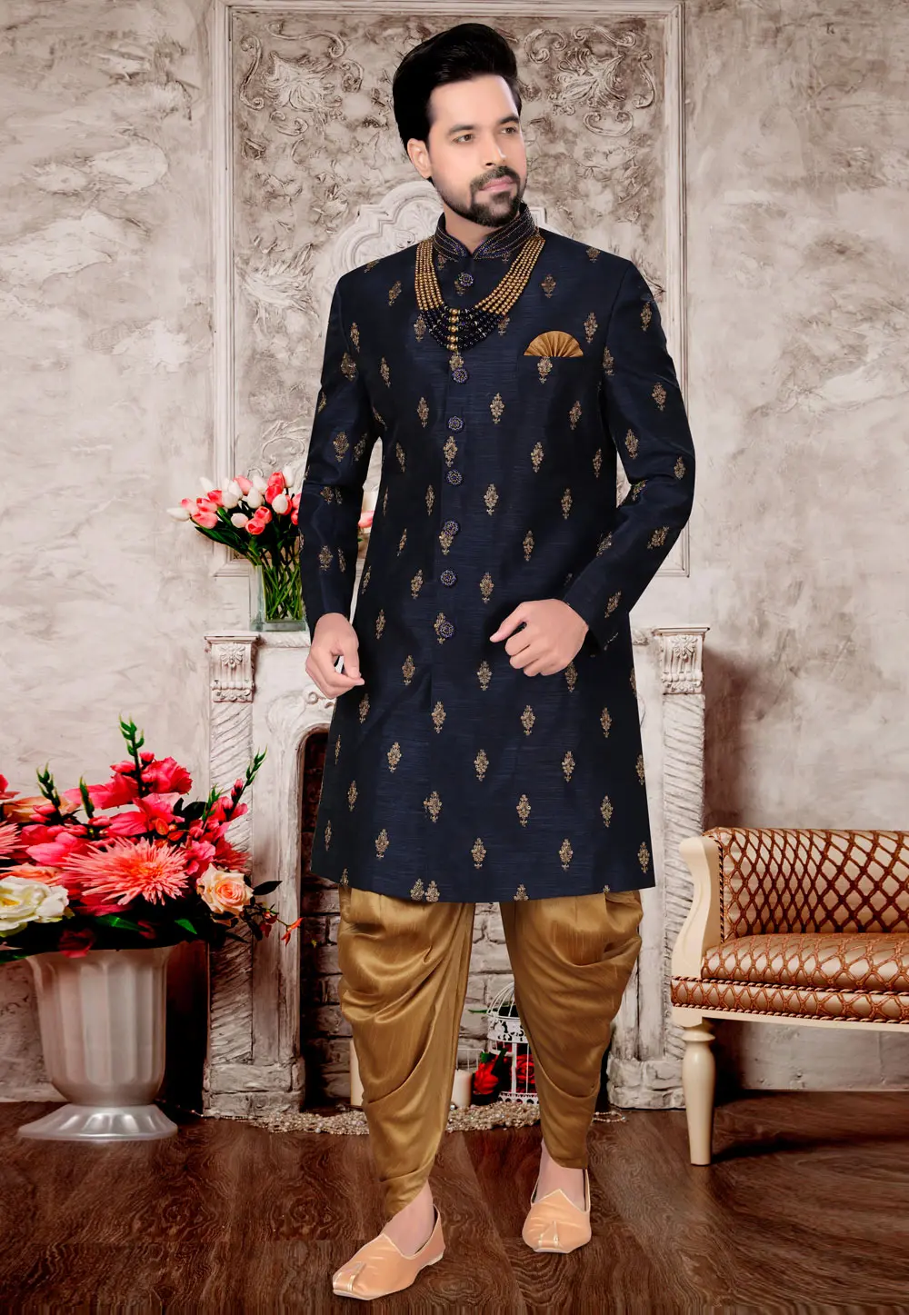 Navy Blue Jacquard Dhoti Sherwani 302958