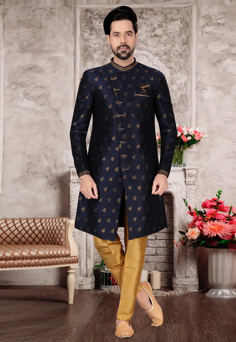 Navy Blue Jacquard Indo Western Suit 302943