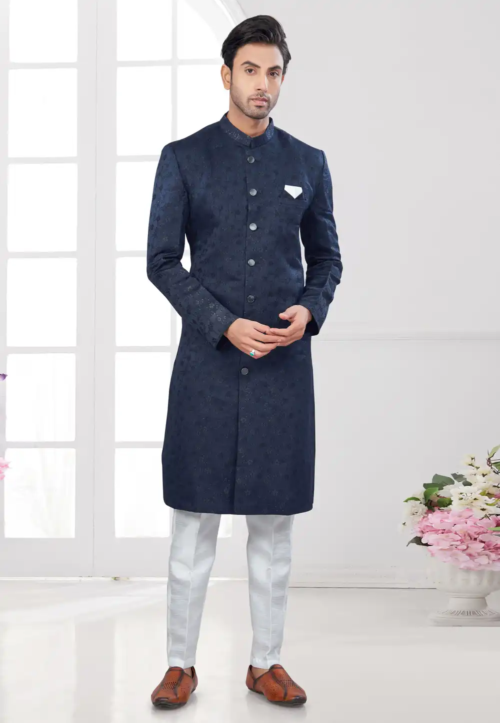 Navy Blue Jacquard Indo Western Suit 294564