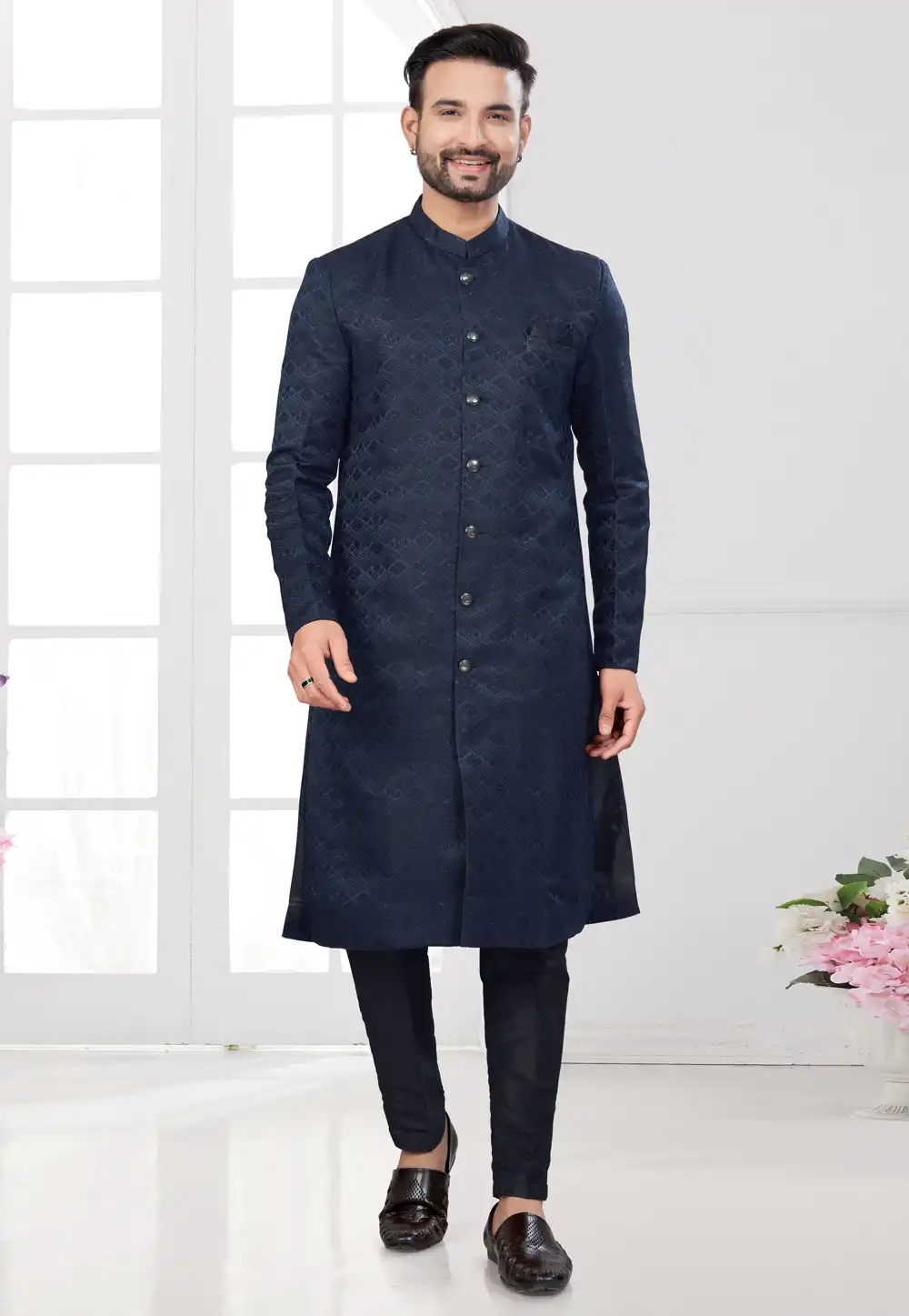 Navy Blue Jacquard Indo Western Suit 294566