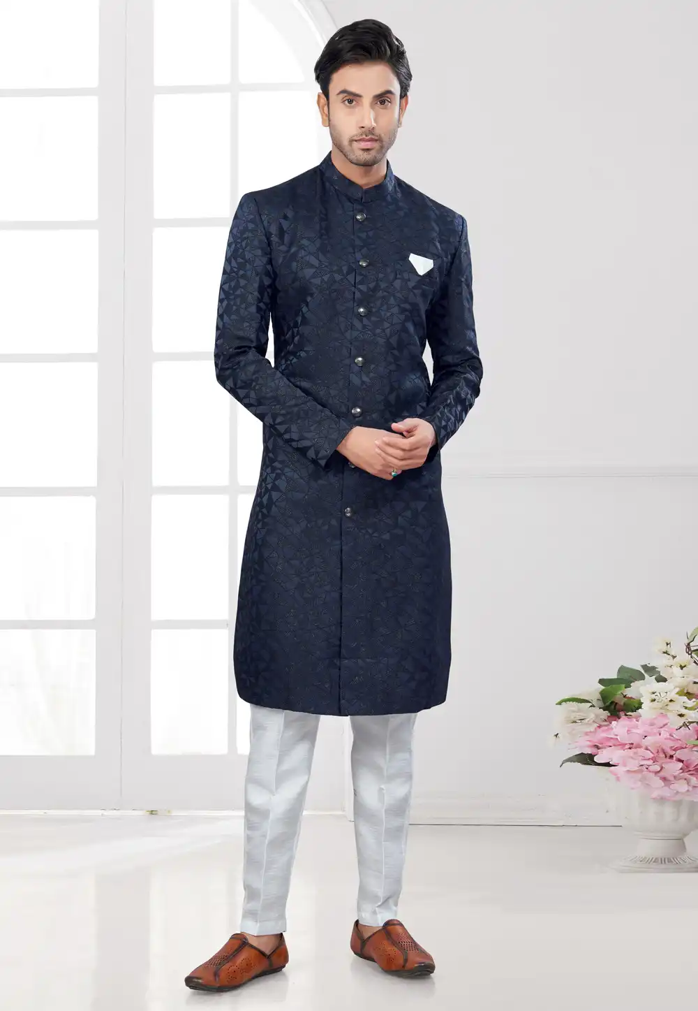 Navy Blue Jacquard Indo Western Suit 294573