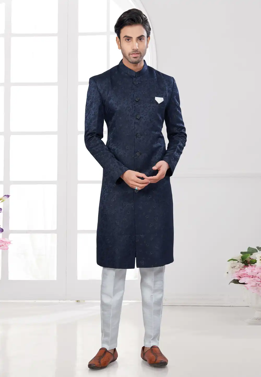 Navy Blue Jacquard Indo Western Suit 294576